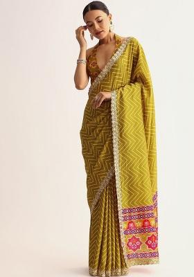 Olive Green Printed Silk Saree With Blouse