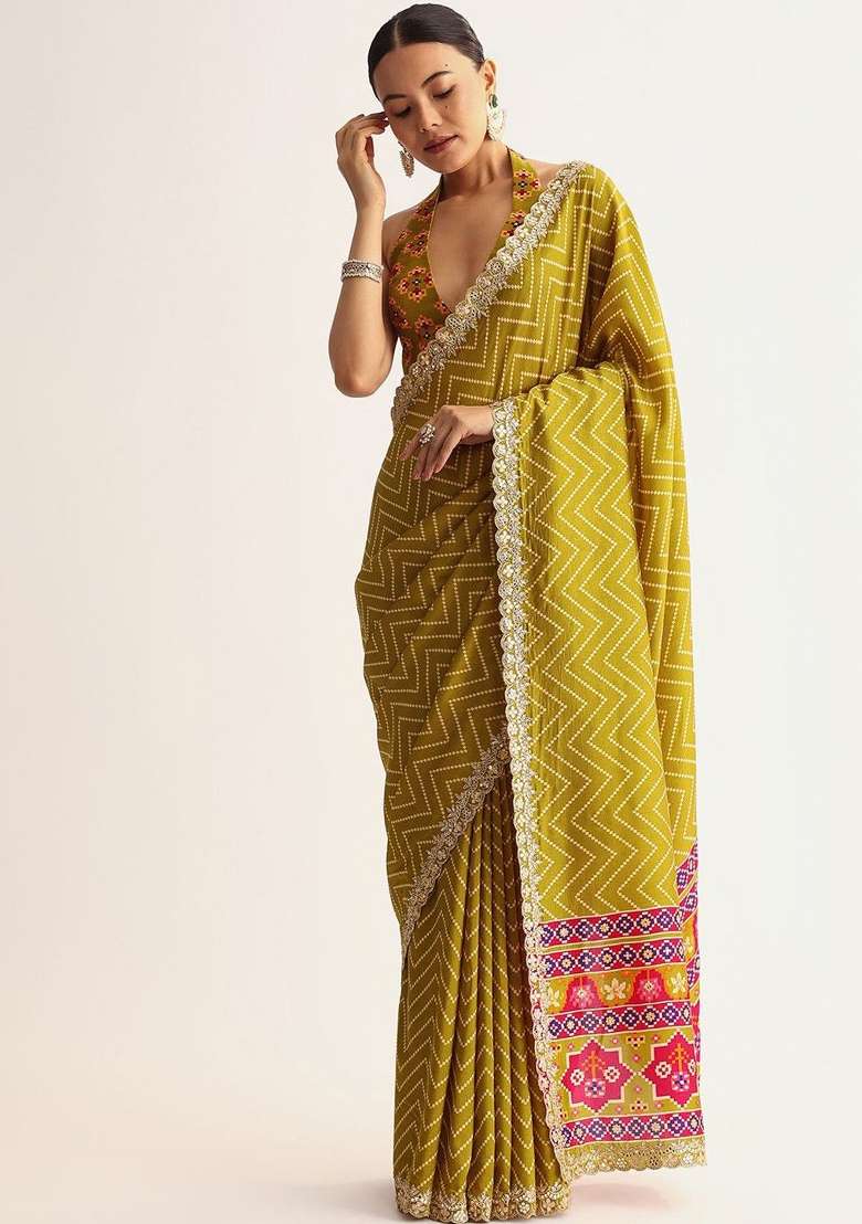 Olive Green With Blouse Silk Blend Saree with Printed for Diwali | Wedding & Festive Wear - Indya