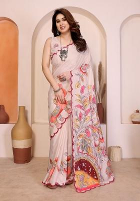 Cream Printed Silk Saree With Blouse