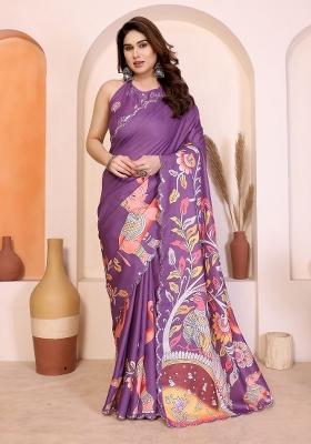 Purple Printed Silk Saree With Blouse