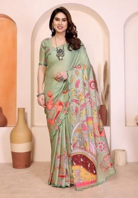 Mint Green Printed Silk Saree With Blouse