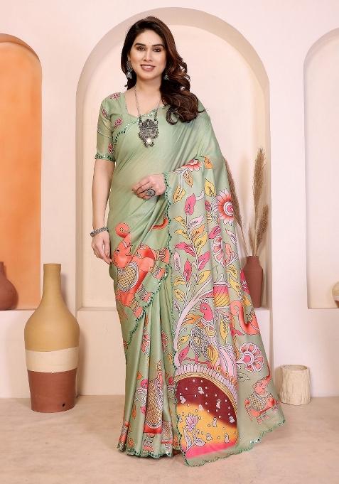 Mint Green Printed Silk Saree With Blouse — view on Indya
