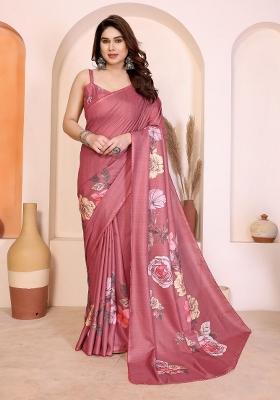 Peach Printed Silk Saree With Blouse
