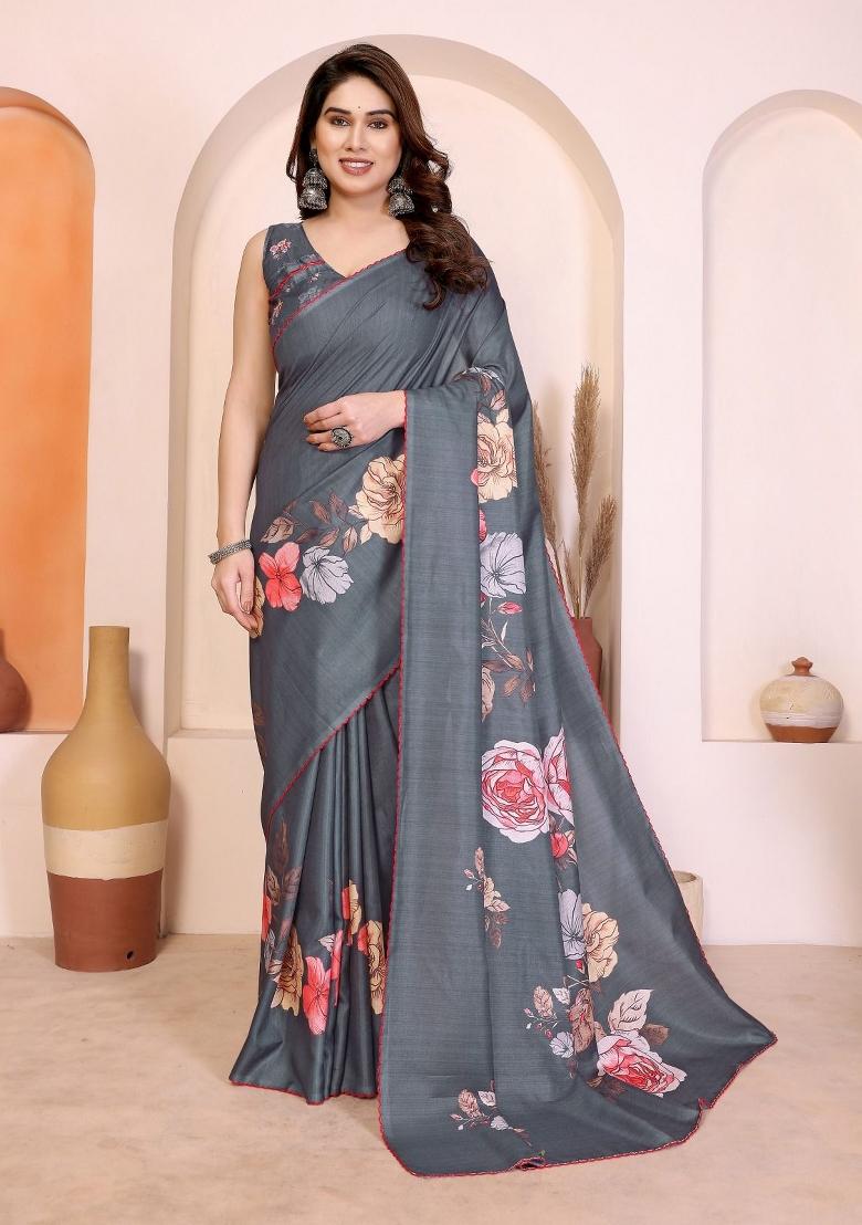 Grey Printed Silk Saree With Blouse - Indya
