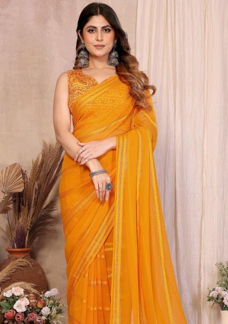 Mustard Plain Silk Saree With Blouse - Indya
