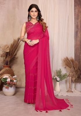 Pink Plain Silk Saree With Blouse