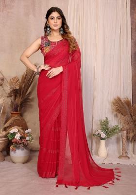 Red Plain Silk Saree With Blouse
