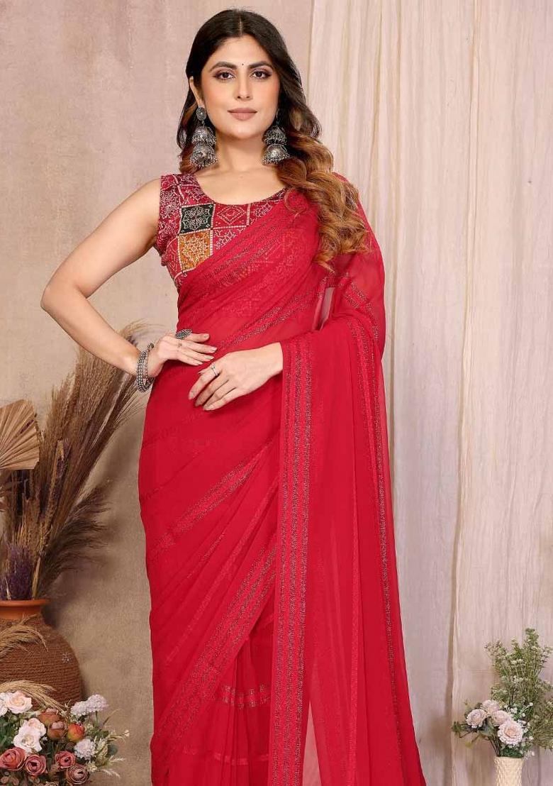 Red Plain Silk Saree With Blouse - Indya