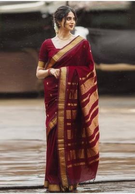 Maroon Zari Work Silk Saree With Blouse