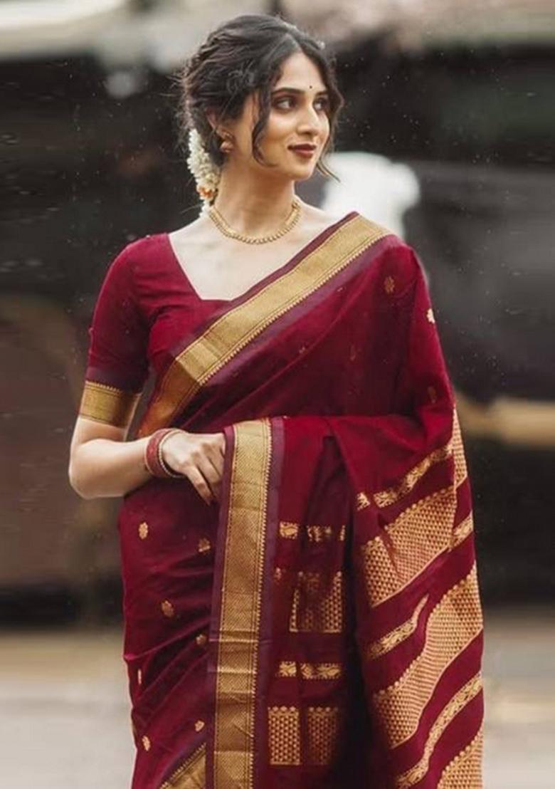 Maroon Zari Work Silk Saree With Blouse - Indya