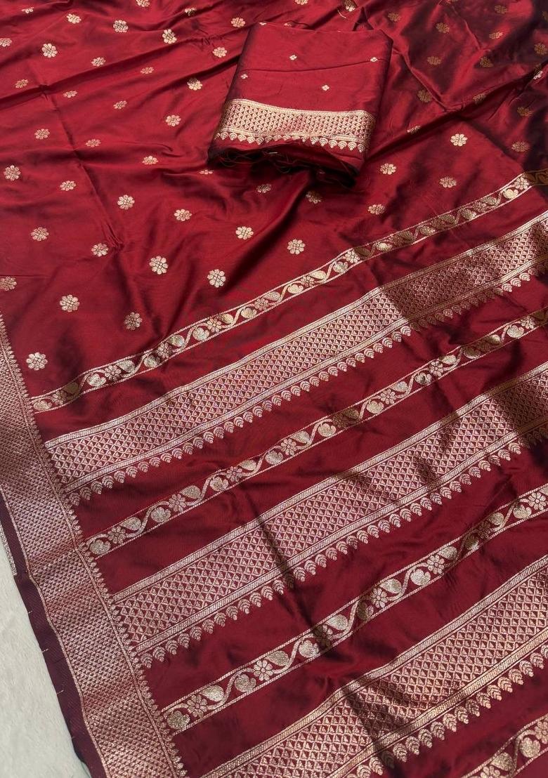 Maroon Zari Work Silk Saree With Blouse - Indya