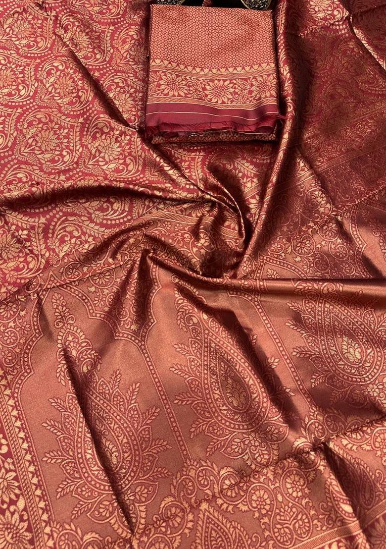 Maroon Jacquard Silk Saree With Blouse - Indya