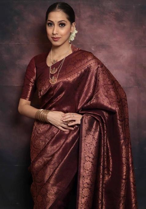 Maroon Jacquard Silk Blend Saree With Blouse