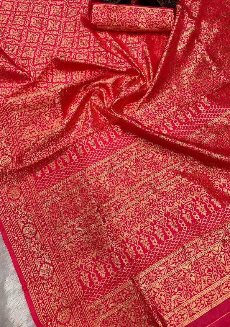 Pink Jacquard Silk Saree With Blouse - Indya