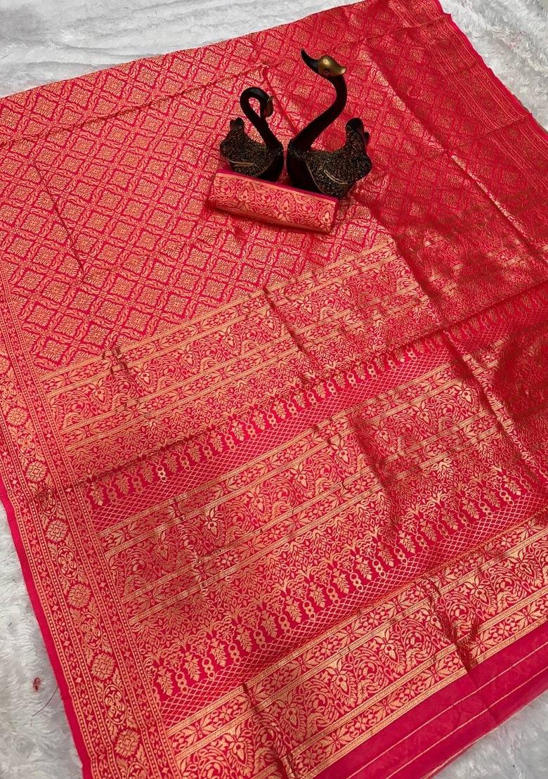 Pink Jacquard Silk Saree With Blouse - Indya