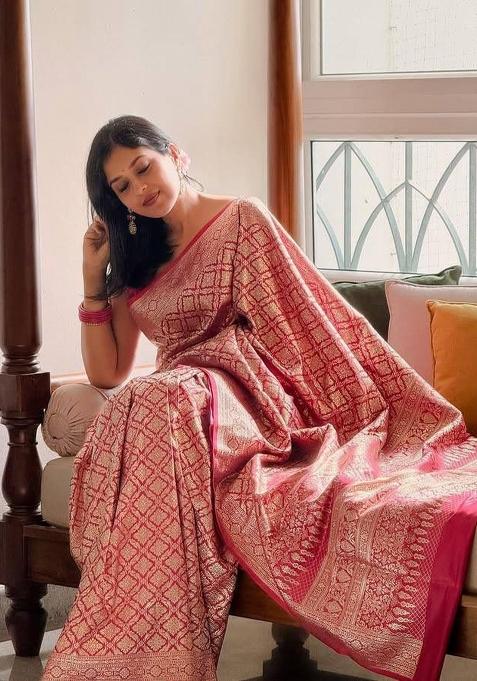 Pink Jacquard Silk Saree With Blouse — view on Indya