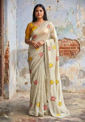 Beige Embroidery Silk Blend Saree With Blouse