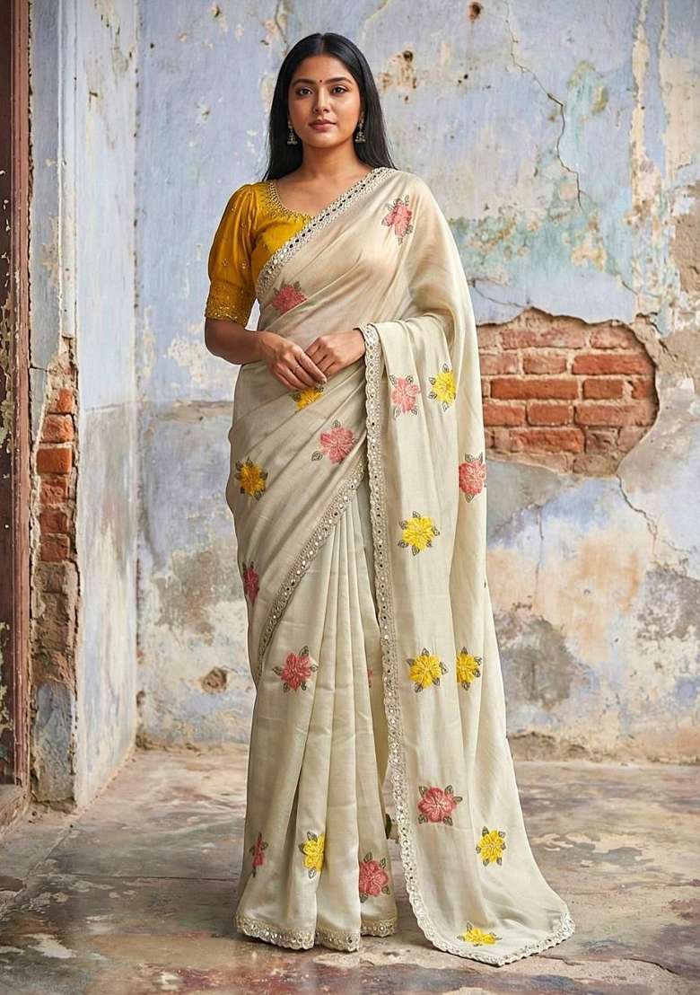 Beige Embroidery Silk Blend Saree With Blouse for Diwali and Festive Wear - Indya