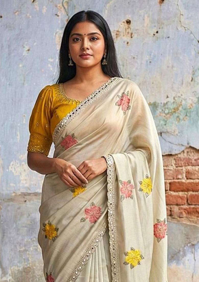Beige Embroidery Silk Saree With Blouse - Indya