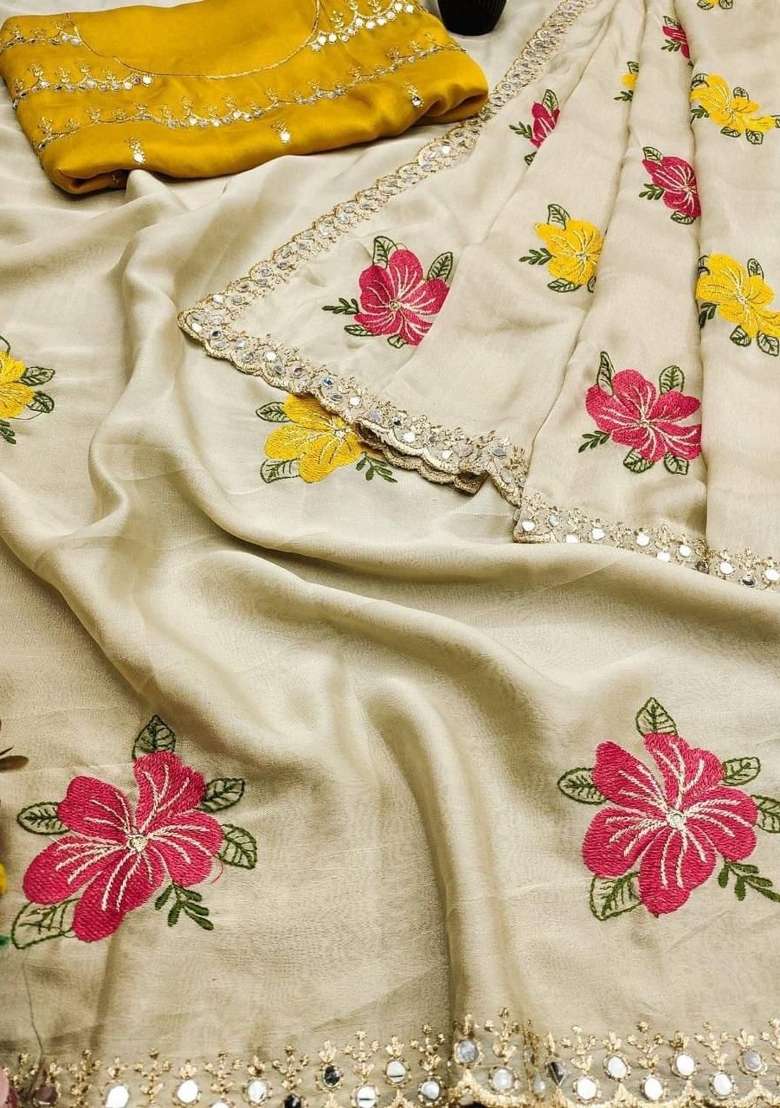 Beige Embroidery Silk Blend Saree With Blouse for Diwali and Festive Wear - Indya