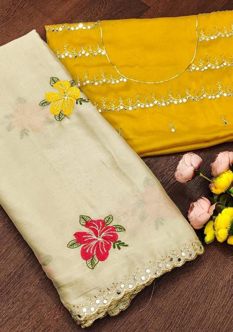 Beige Embroidery Silk Saree With Blouse - Indya