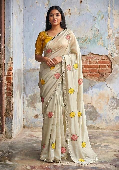 Beige Embroidery Silk Saree With Blouse — view on Indya