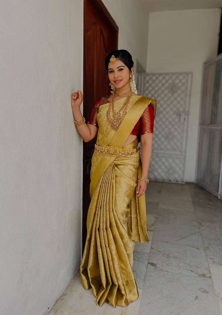 Golden Zari Work Silk Blend Saree With Blouse for Diwali and Festive Wear - Indya