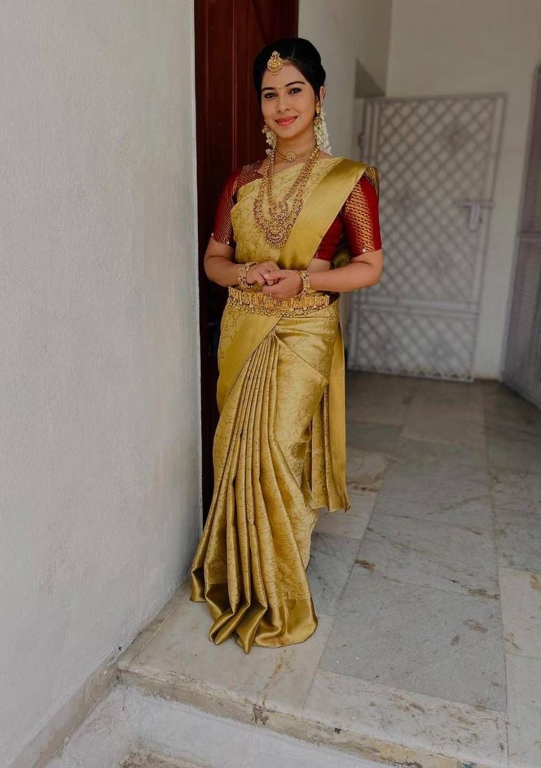 Golden Zari Work Silk Saree With Blouse - Indya