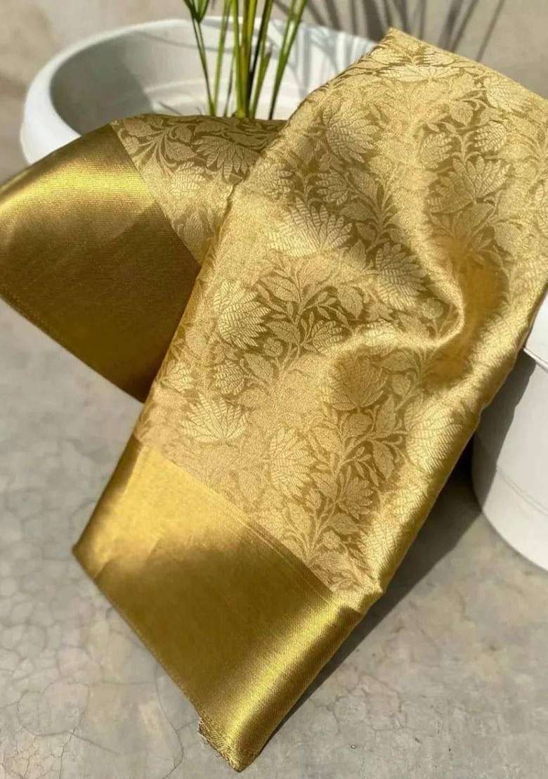 Golden Zari Work Silk Blend Saree With Blouse for Diwali and Festive Wear - Indya