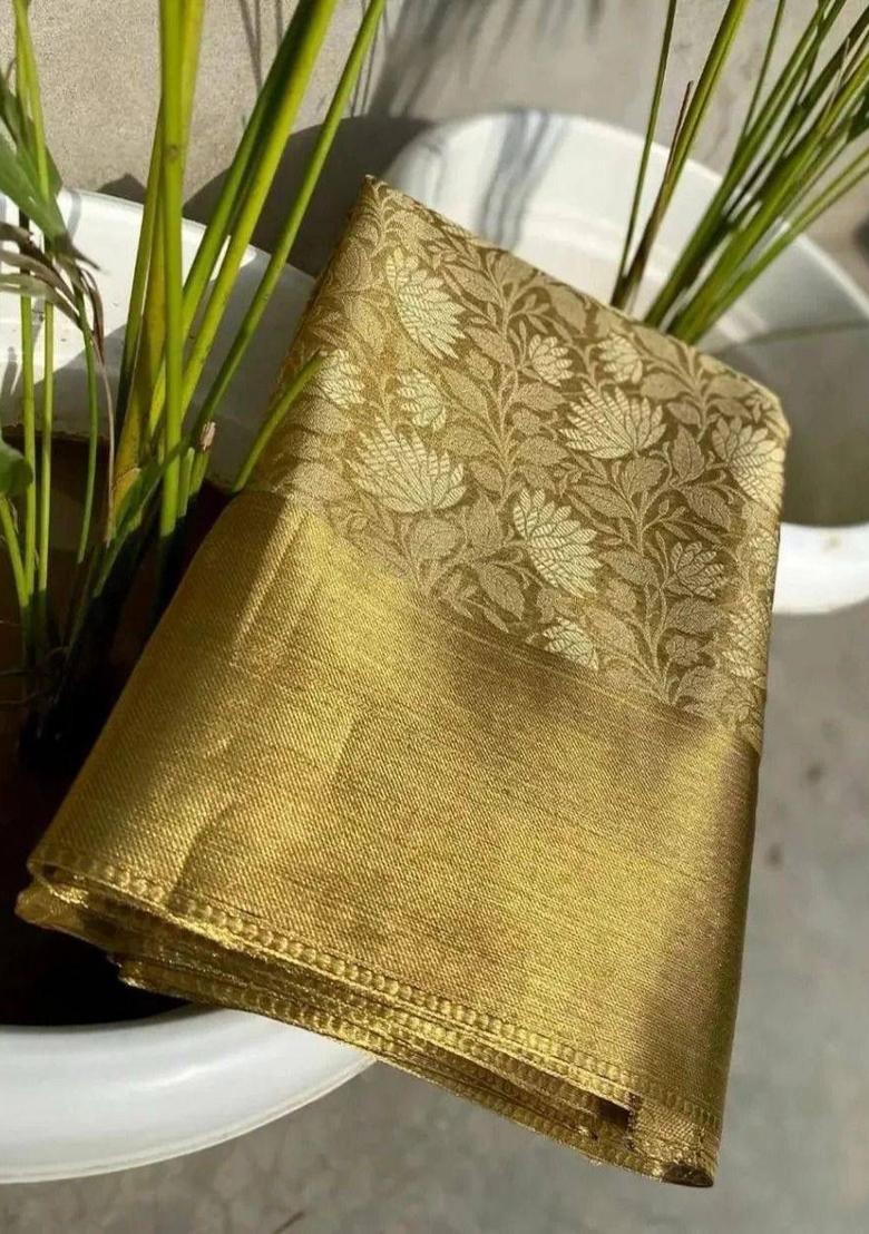 Golden Zari Work Silk Saree With Blouse - Indya