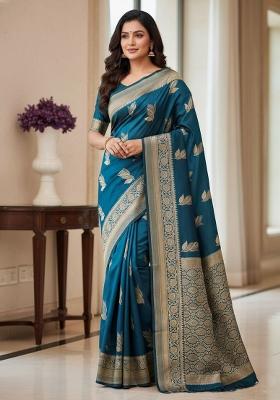 Teal Blue Zari Work Silk Saree With Blouse