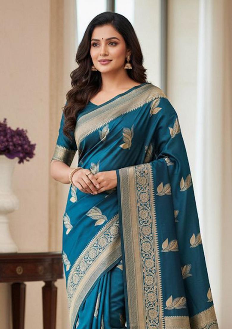 Teal Blue Zari Work Silk Saree With Blouse - Indya