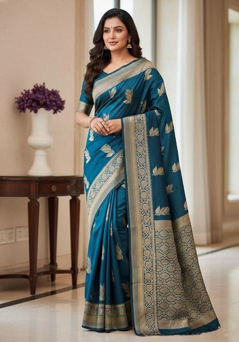 Teal Blue Zari Work Silk Saree With Blouse