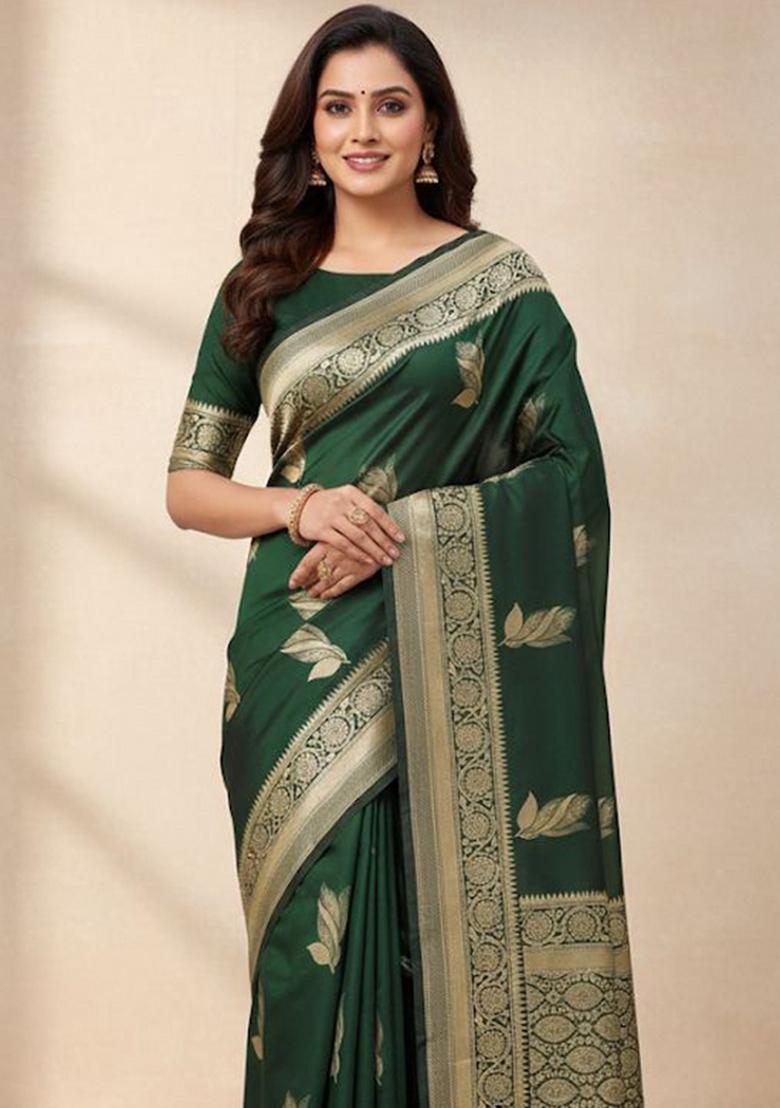 Green Zari Work Silk Saree With Blouse - Indya