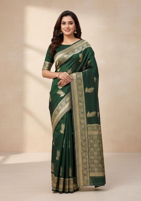 Green Zari Work Silk Saree With Blouse — view on Indya