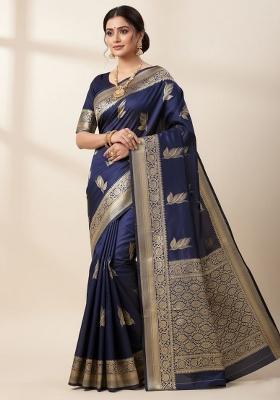 Navy Blue Zari Work Silk Saree With Blouse
