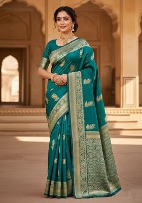 Teal Green Zari Work Silk Saree With Blouse