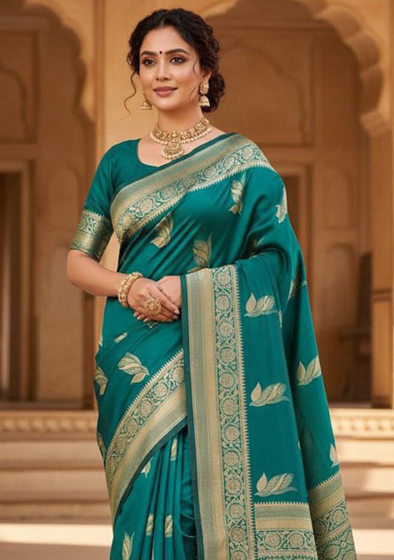 Teal Green Zari Work Silk Saree With Blouse - Indya
