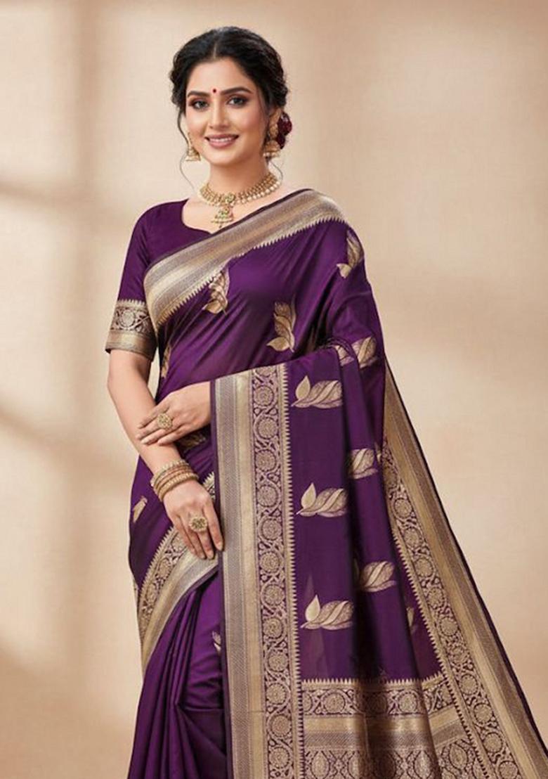 Wine Zari Work Silk Saree With Blouse - Indya