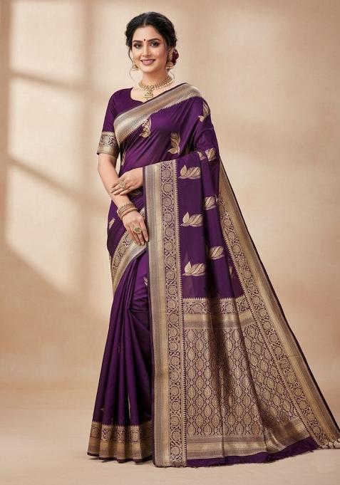 Wine Zari Work Silk Saree With Blouse — view on Indya