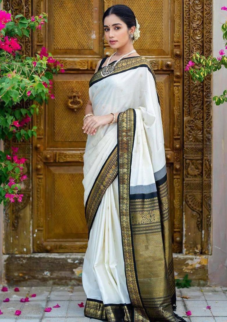 White Jacquard Silk Saree With Blouse - Indya