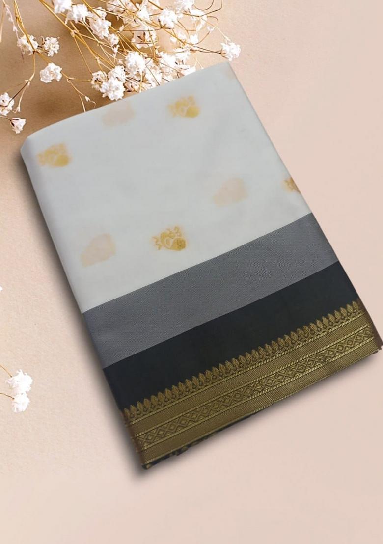 White Jacquard Silk Saree With Blouse - Indya