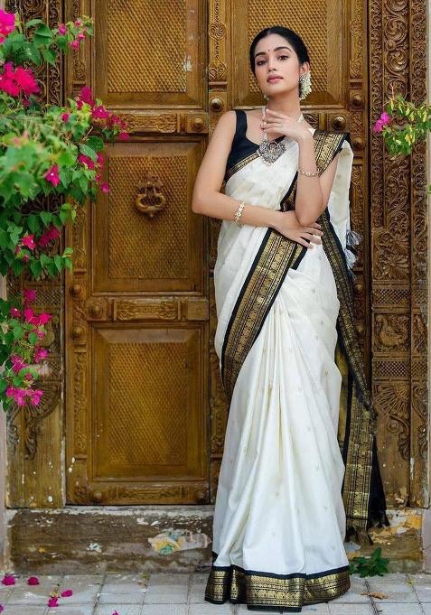 White Jacquard Silk Saree With Blouse — view on Indya