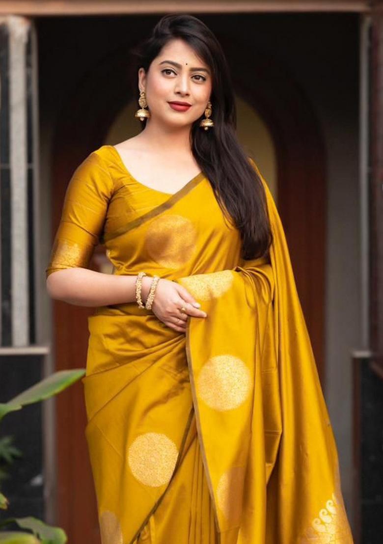 Mustard Jacquard Silk Saree With Blouse - Indya