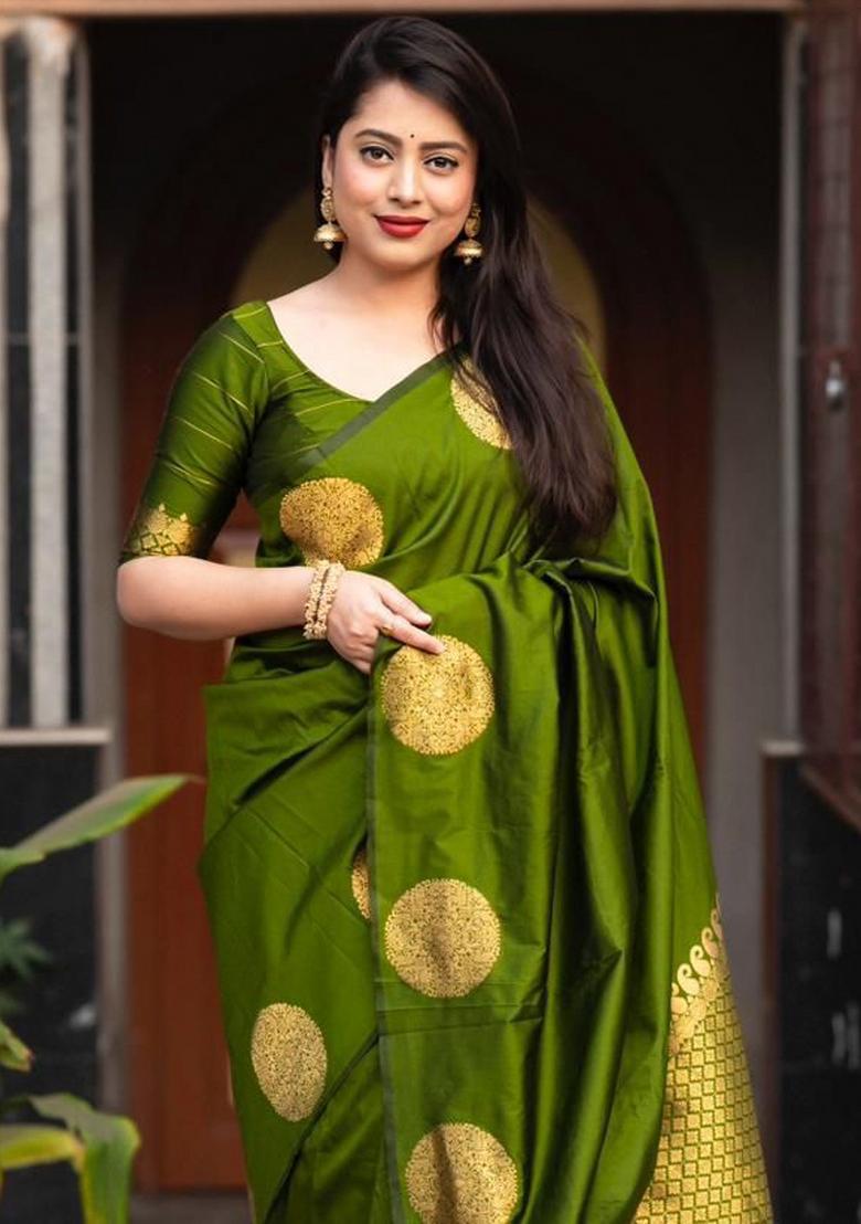 Green Jacquard Silk Saree With Blouse - Indya