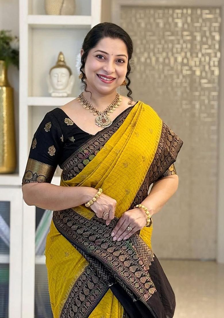 Mustard Jacquard Silk Saree With Blouse - Indya