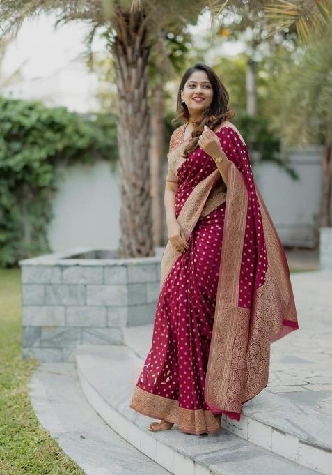 Maroon Jacquard Silk Saree With Blouse — view on Indya