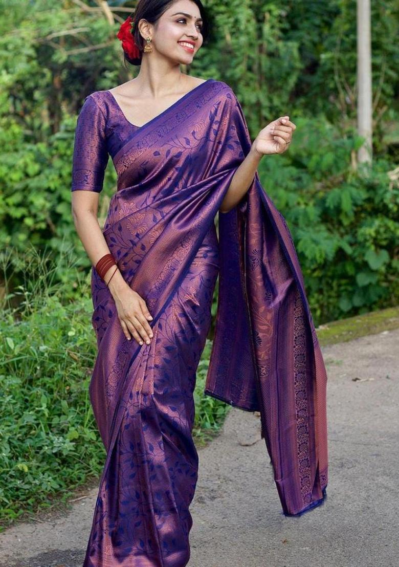Purple Jacquard Silk Saree With Blouse - Indya