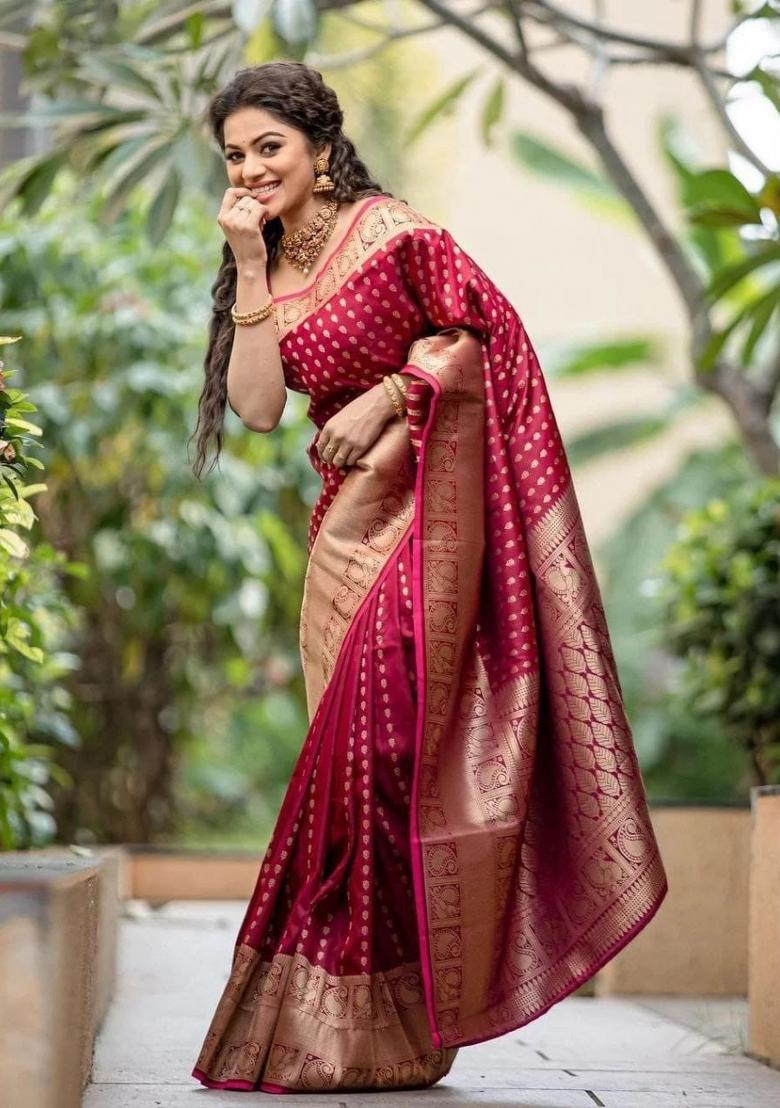 Maroon Jacquard Silk Saree With Blouse - Indya