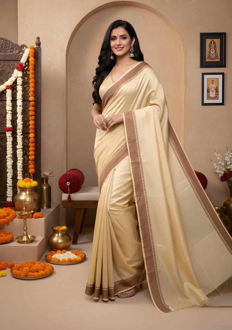 Cream Plain Manipuri Kalam Saree With Blouse - Indya